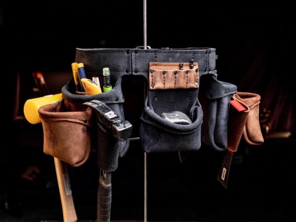 Trimmer tool belt in black and tan leather by Akribis Leather