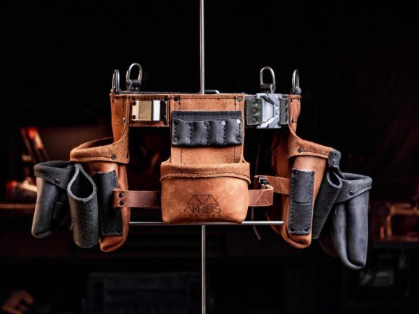 B Mini tool belt by Akribis Leather in brown and black