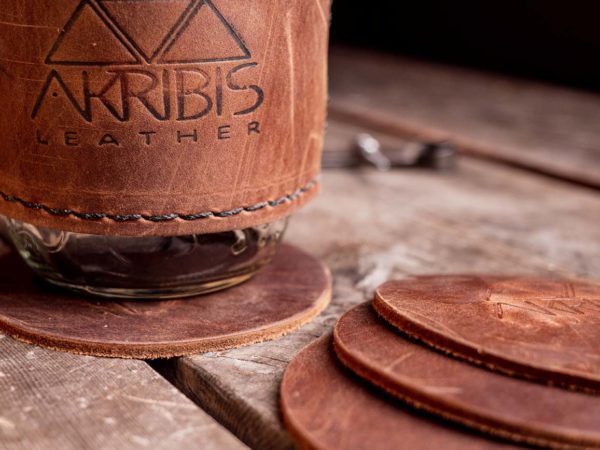 Brown leather coasters for Akribis Leather