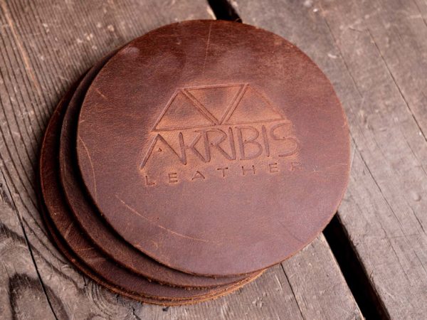 Brown leather coasters for Akribis Leather